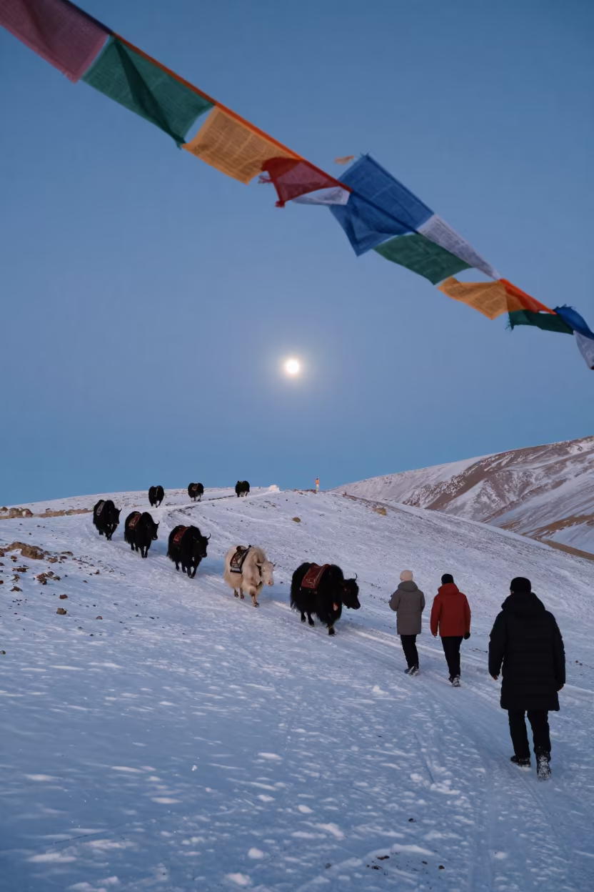 Yak Caravan Crossing High Tibetan Pass at Dawn in on a wind-cut ridge below prayer flag lines near Leh