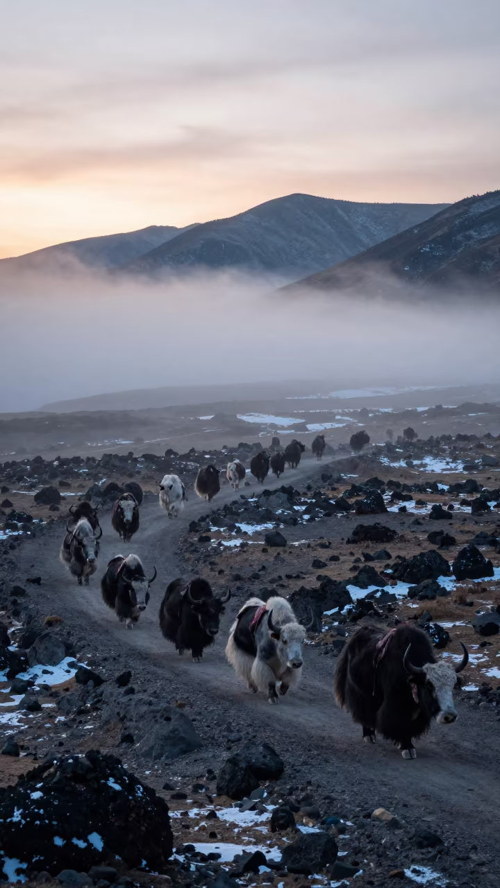Yak Caravan Crossing Misty High Mountain Pass Dawn in at a rocky saddle overlooking a mountain valley near Kathmandu