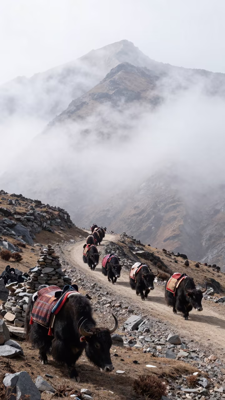 Yak Caravan Crossing Misty High Pass in beside a summit cairn above the tree line near Shimla