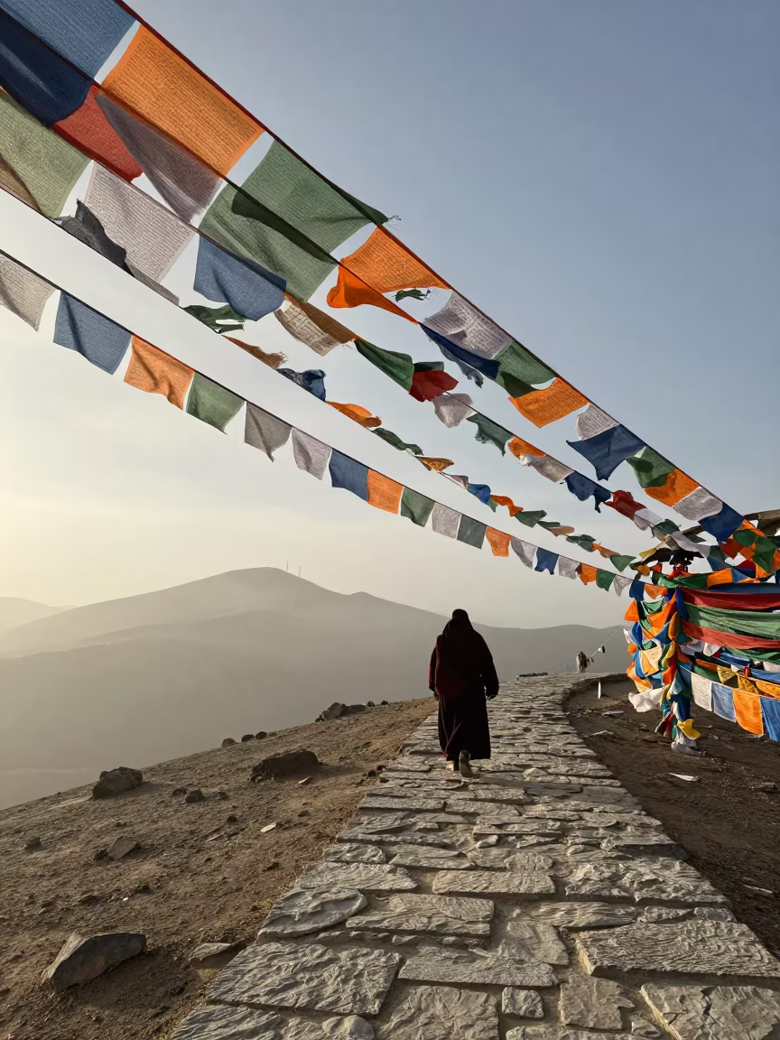 Yak Caravan Crossing Wind-Cut Ridge at Dawn in on a wind-cut ridge below prayer flag lines near Lhasa