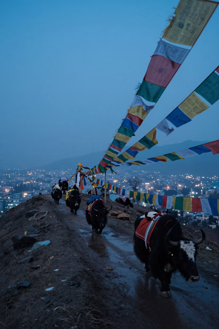 Yak Caravan Descending Ridge Near Shimla at Twilight in on a wind-cut ridge below prayer flag lines near Shimla