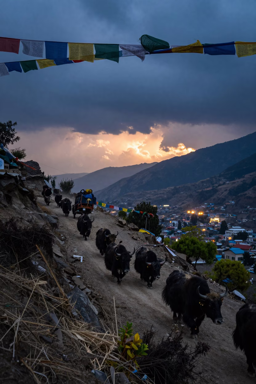 Yak Caravan on High Pass Under Prayer Flags in along a high mountain pass beneath prayer flags near Kathmandu