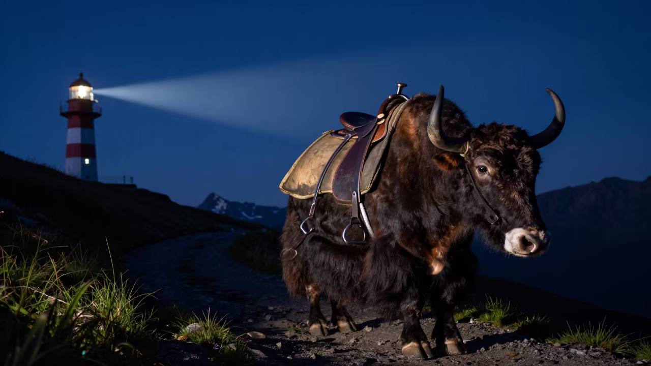 Yak with Pack Saddle in Swiss Predawn Light in in Switzerland