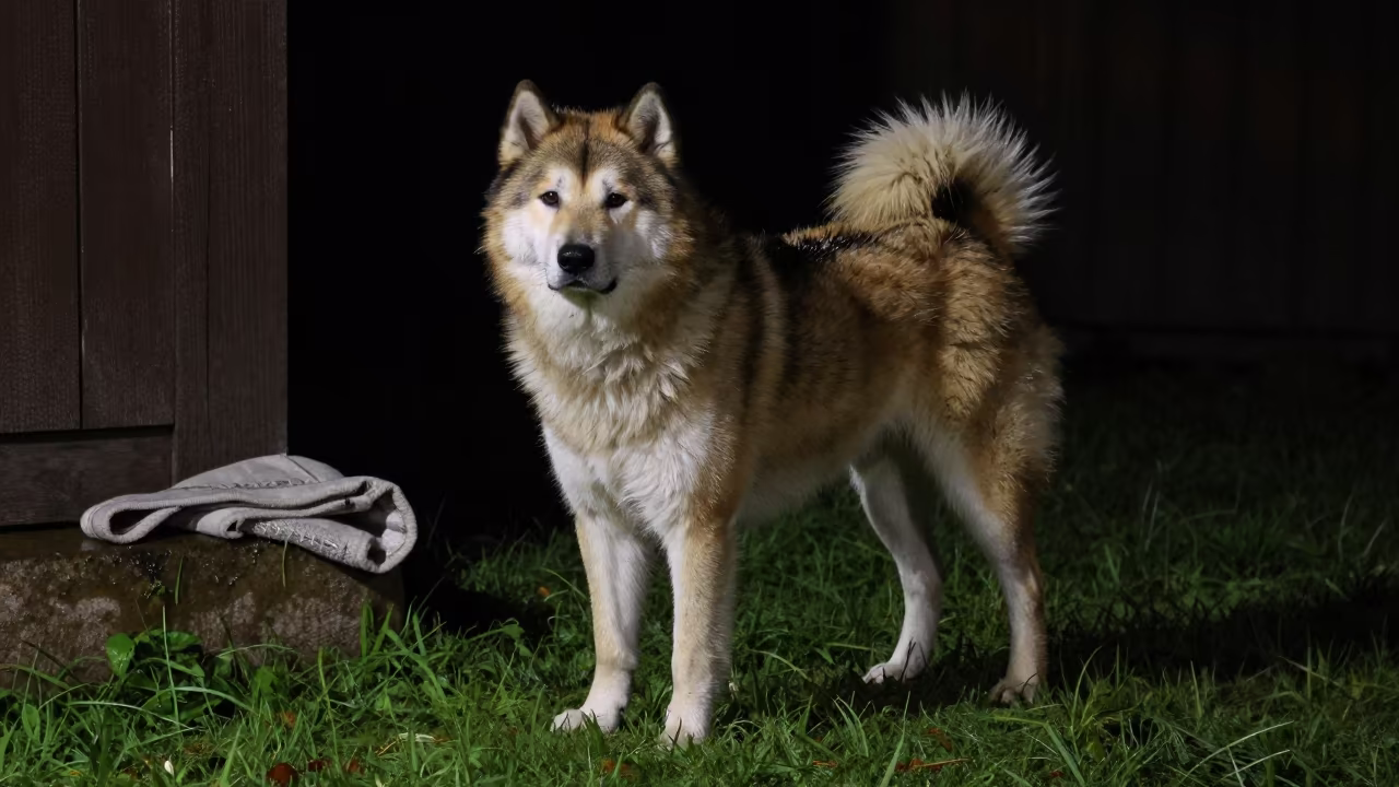 Yakutian Laika in Fortaleza Rainy Night Yard in in a small yard with clipped grass, calm light, and the animal centered in frame in Fortaleza