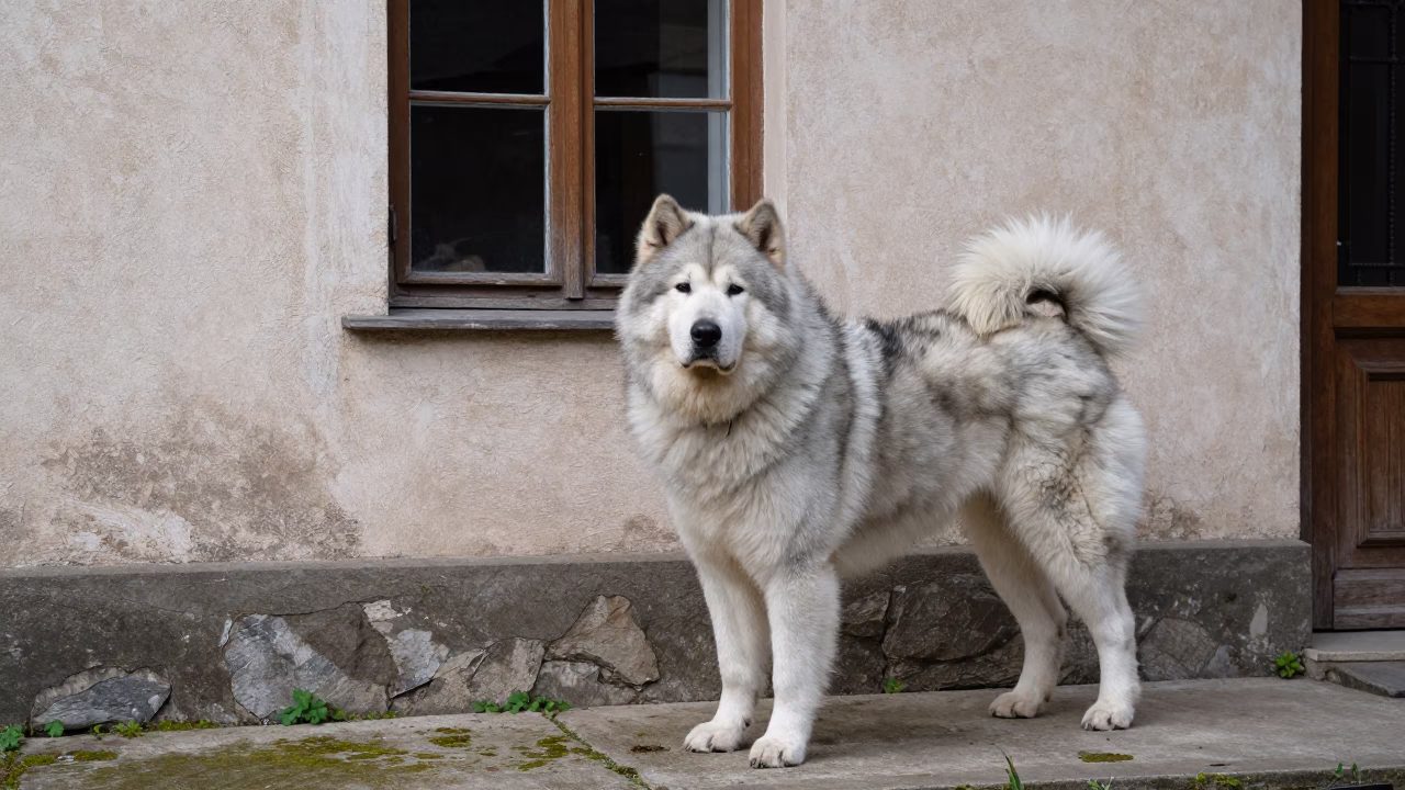 Yakutian Laika in Villa Canales Courtyard in beside a plain courtyard wall in clear daylight with the animal at eye level in Villa Canales