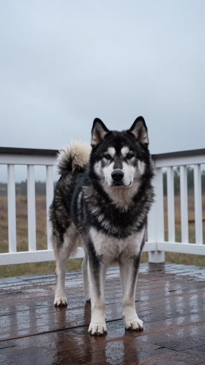Yakutian Laika on Shaded Bata Porch After Rain in on a shaded front porch with boards, railings, and eye-level framing near Bata