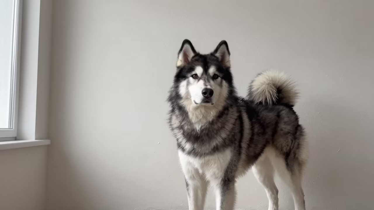 Yakutian Laika Portrait Beside Plaster Wall in beside a plain plaster wall in soft indoor light with the animal centered in frame in Isparta