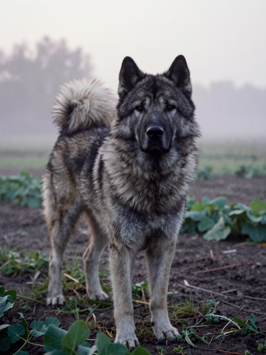 Yakutian Laika Portrait in Kumba Garden Dawn in near a garden edge with soft morning light and an uncluttered background in Kumba