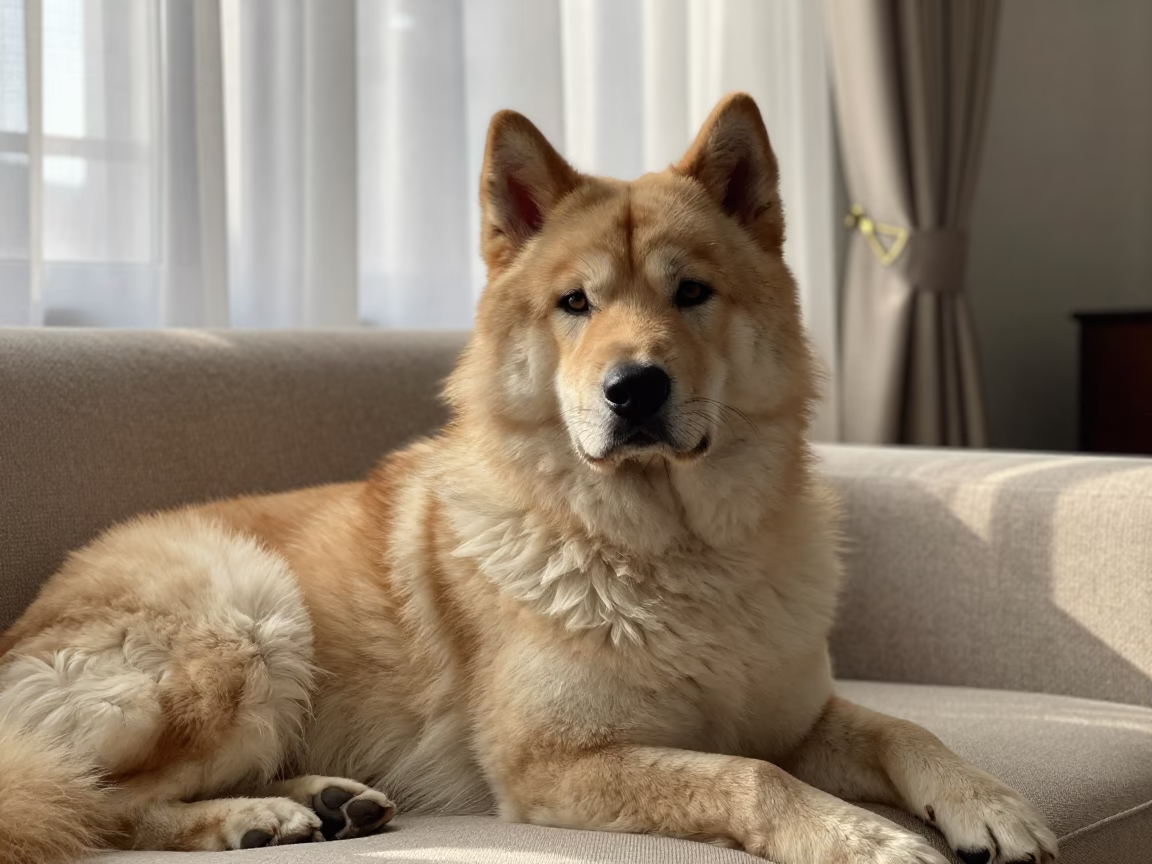 Yakutian Laika Portrait Near Jakarta Window in on a sofa near a curtained window with calm indoor light in Menteng, Jakarta