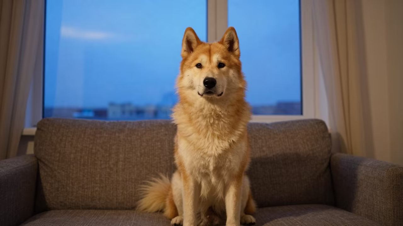 Yakutian Laika Portrait Near Window in on a sofa near a curtained window with calm indoor light near Sunderland