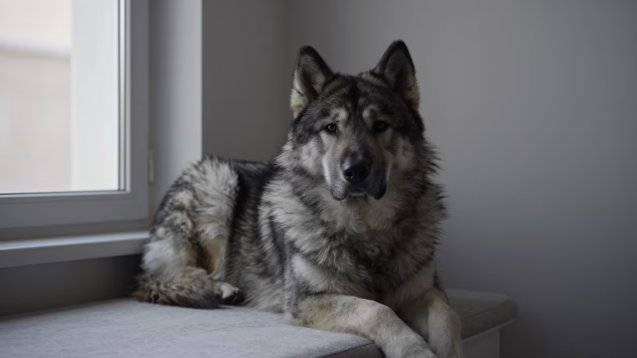 Yakutian Laika Portrait on Basra Window Seat in on a cushioned window seat with soft side light and an uncluttered background in Basra