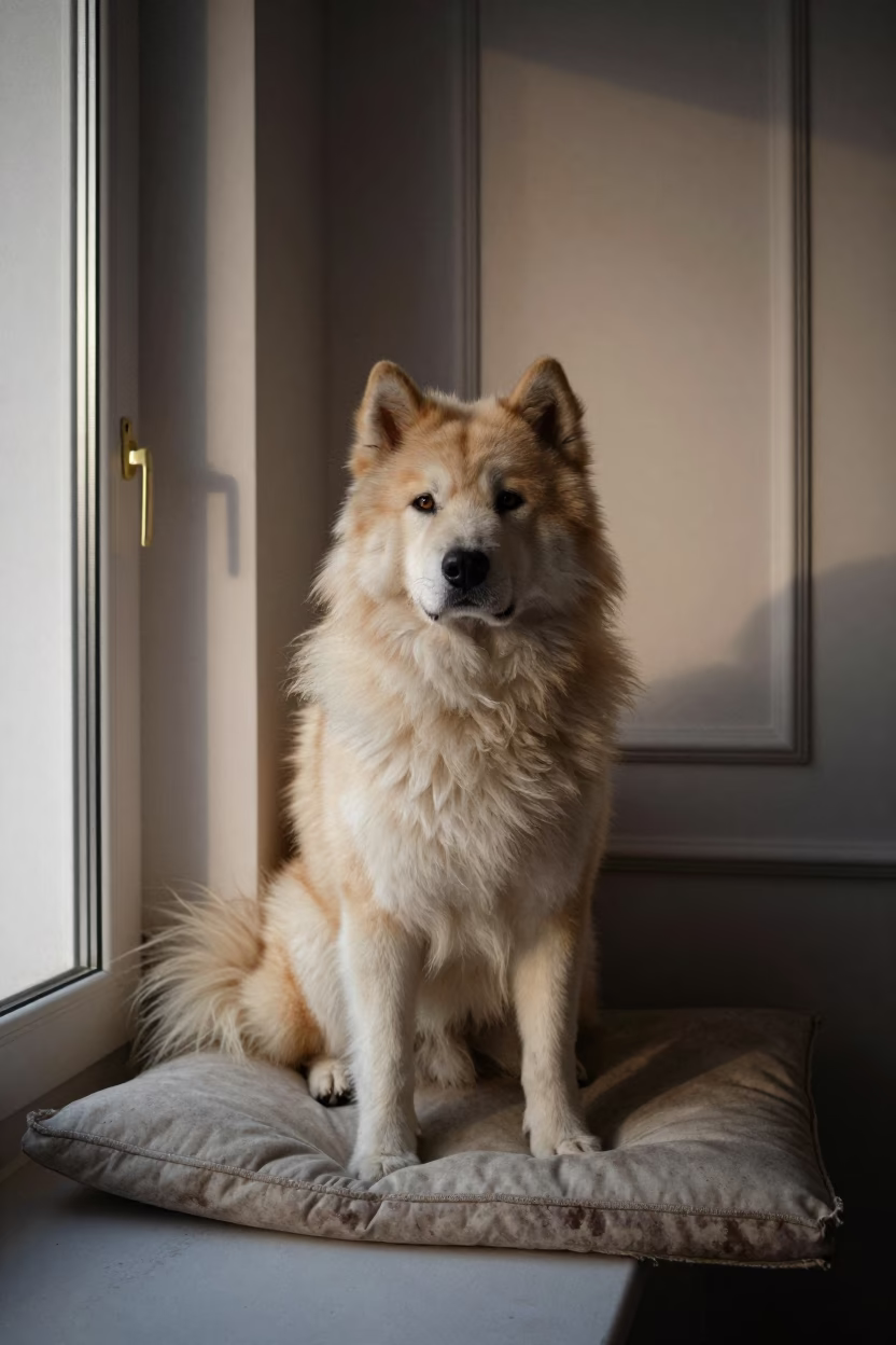 Yakutian Laika Portrait on Window Seat in Grand-Bassam in on a cushioned window seat with soft side light and an uncluttered background in Grand-Bassam