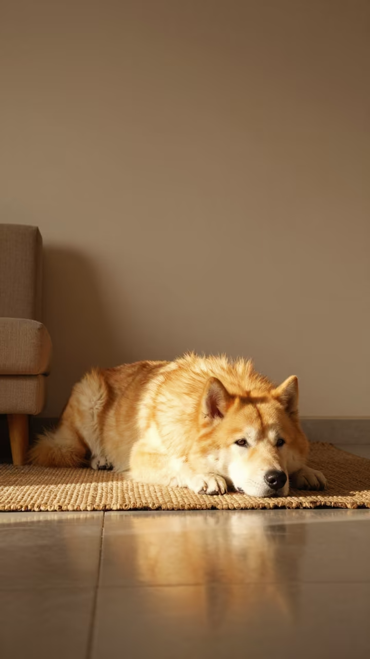 Yakutian Laika Resting on Rug in Ramadi Home in on a woven rug beside a low couch and an uncluttered wall in Ramadi