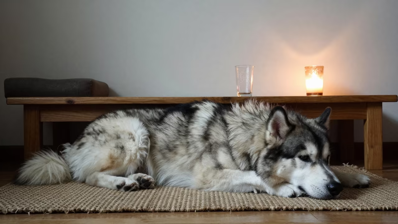 Yakutian Laika Resting on Woven Rug in on a woven rug beside a low couch and an uncluttered wall near Shenzhen