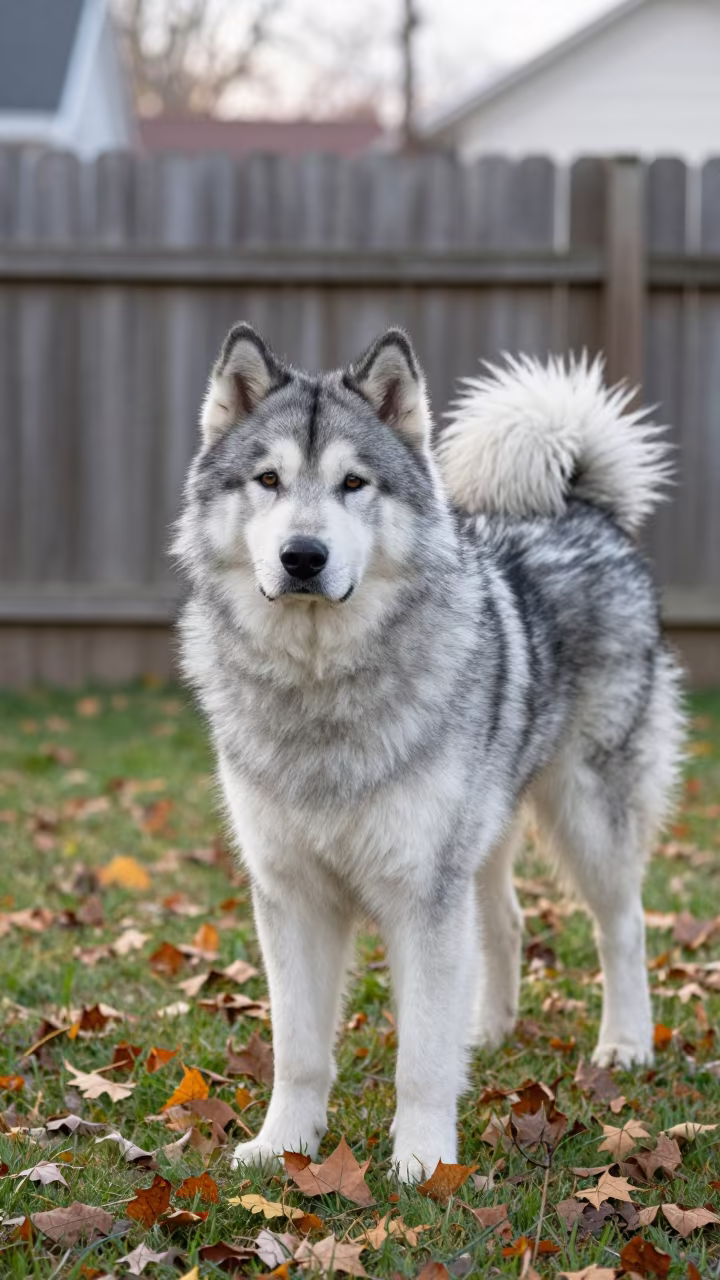 Yakutian Laika Standing in Kansas City Garden Yard in near a garden edge with soft morning light and an uncluttered background near Kansas City