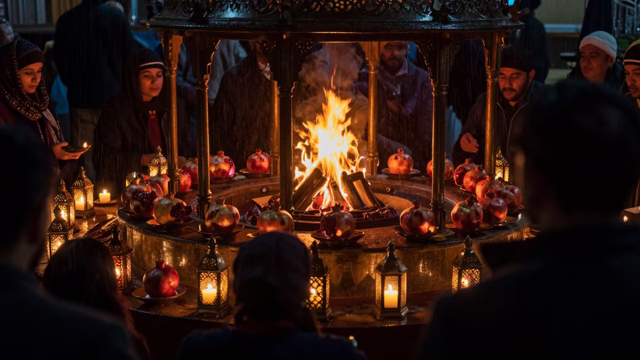 Yalda Night Pomegranates Shrine Cologne in in a shrine lined with lanterns in Cologne