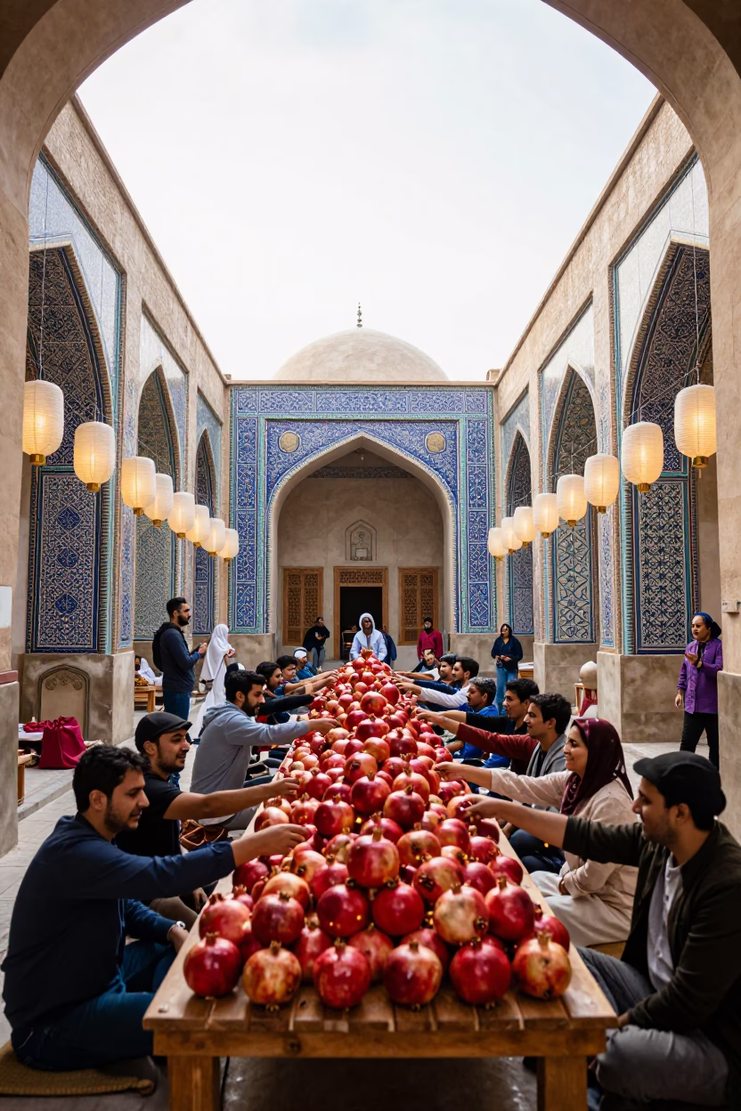 Yalda Pomegranates Lanterns in Providence Shrine in in a shrine lined with lanterns in Providence