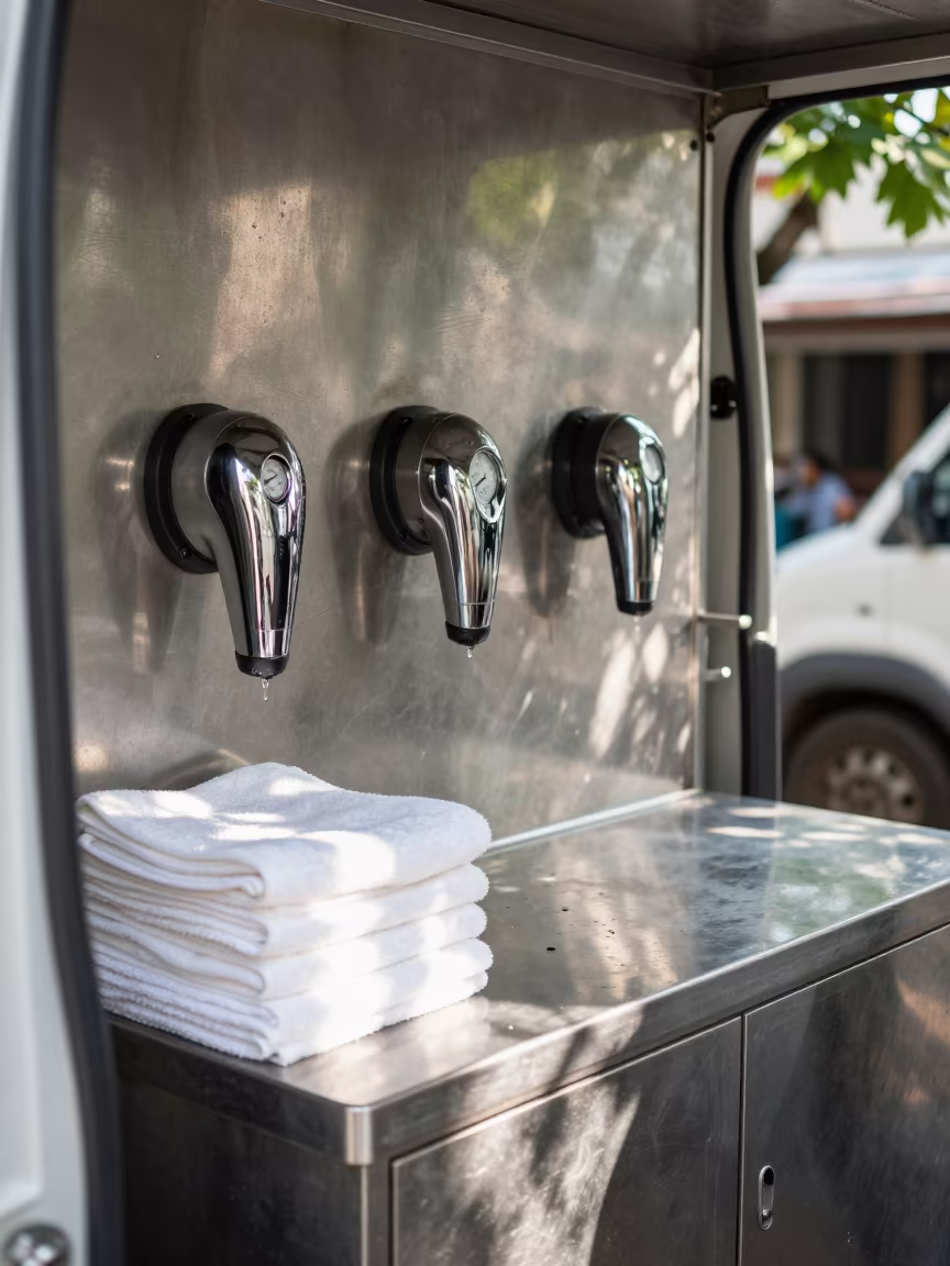 Yangon Grooming Van Interior After Rain in outside a grooming van on a curbside stop in Yangon