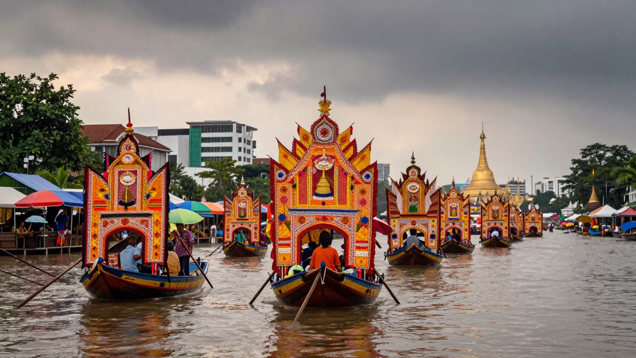 Yangon Thingyan Festival Floats at Dawn in at a public square during a festival in Yangon