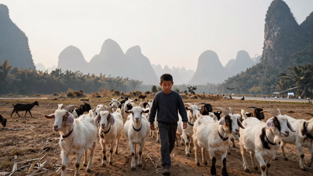 Yangshuo Boy Herding Goats in Morning Mist in in Yangshuo