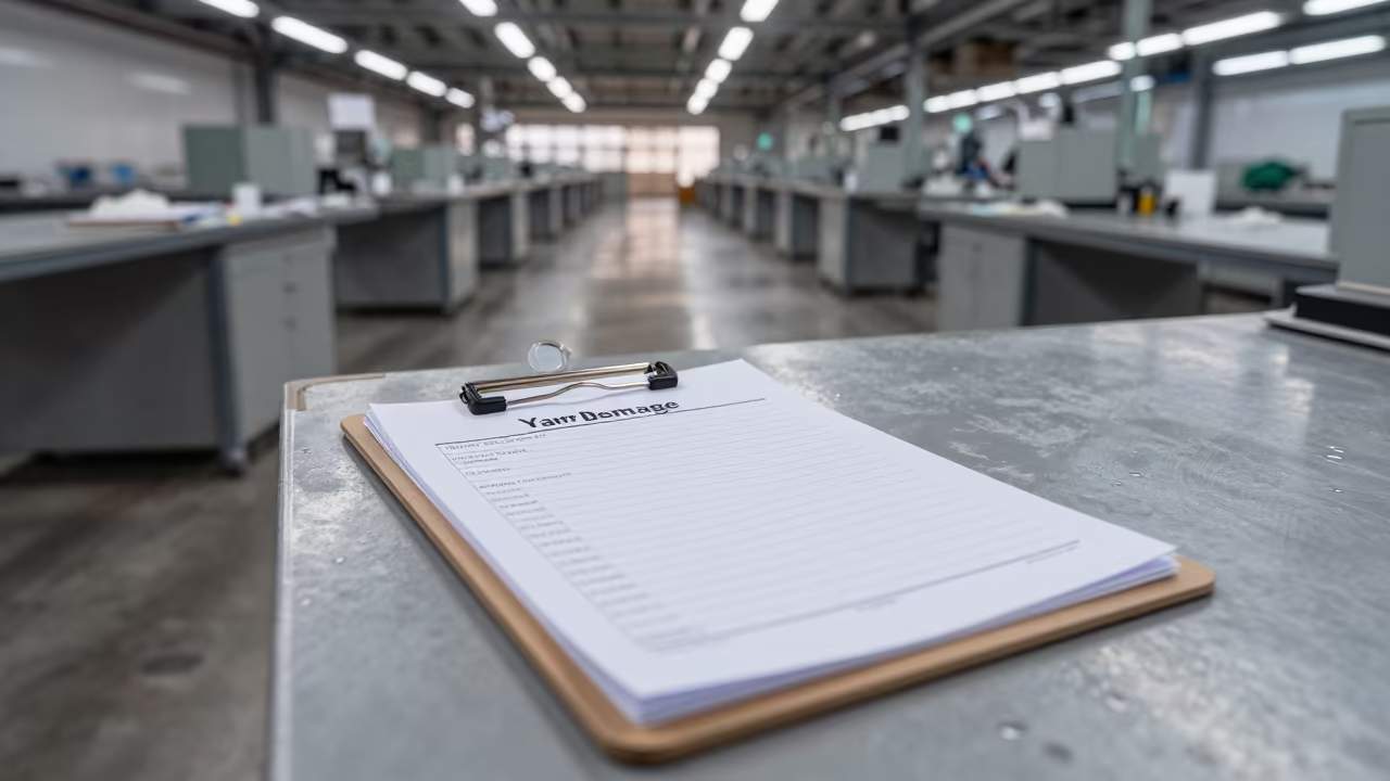 Yard Damage Clipboard at Shenzhen Packing Station in at a fulfillment packing station in Shenzhen