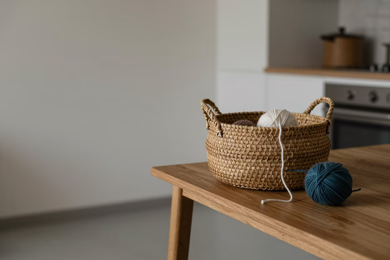 Yarn Basket and Knitting by Fireside in Early Winter Kitchen in in a cozy kitchen near Leh