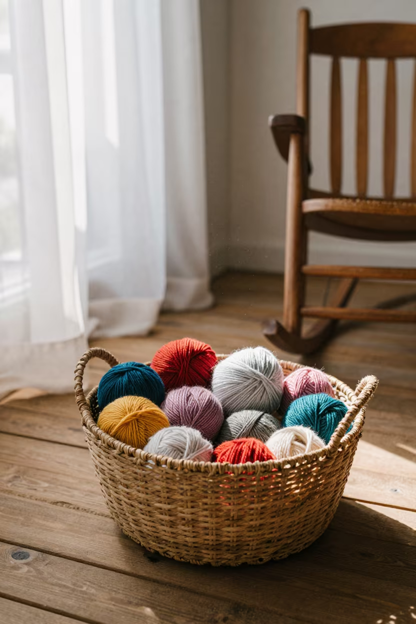 Yarn Basket and Knitting on Frankfurt Porch in on a porch with a rocking chair near Frankfurt