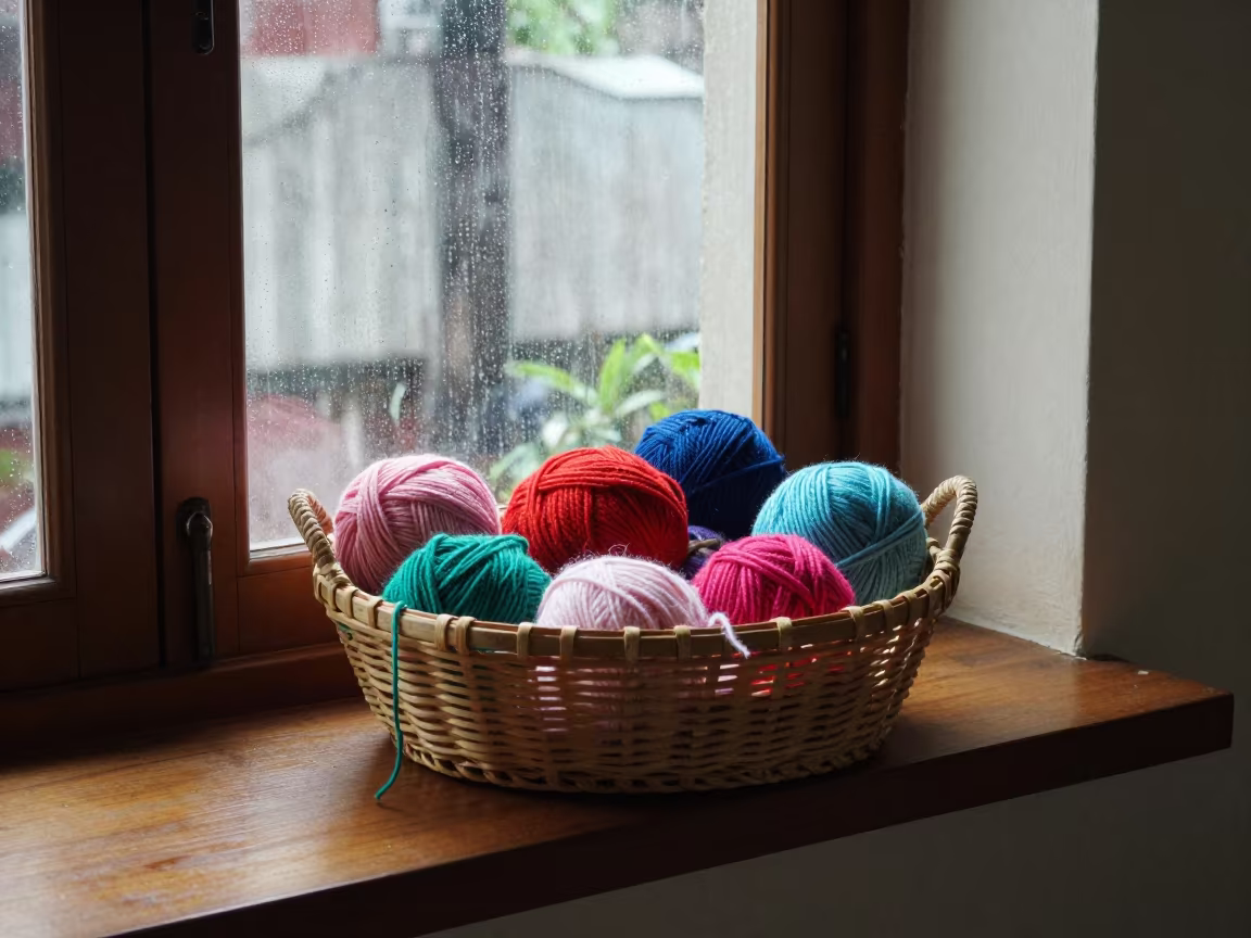 Yarn Basket and Knitting Project on Window Seat in on a window seat near Yogyakarta