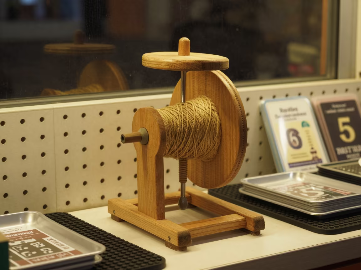 Yarn Spindle Stand at Hargeisa Checkout in at a checkout lane under flat store light in Hargeisa