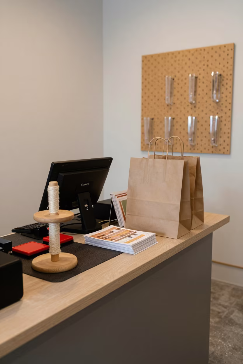 Yarn Spindle Stand on Retail Counter in at a cash wrap counter with bags stacked nearby near San Jose