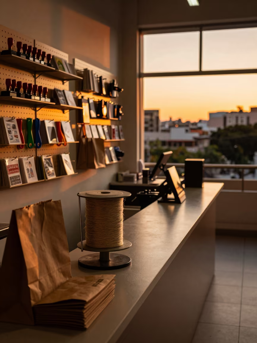 Yarn Spindle Stand at Sunset Department Counter in at a cash wrap counter with bags stacked nearby near Belo Horizonte