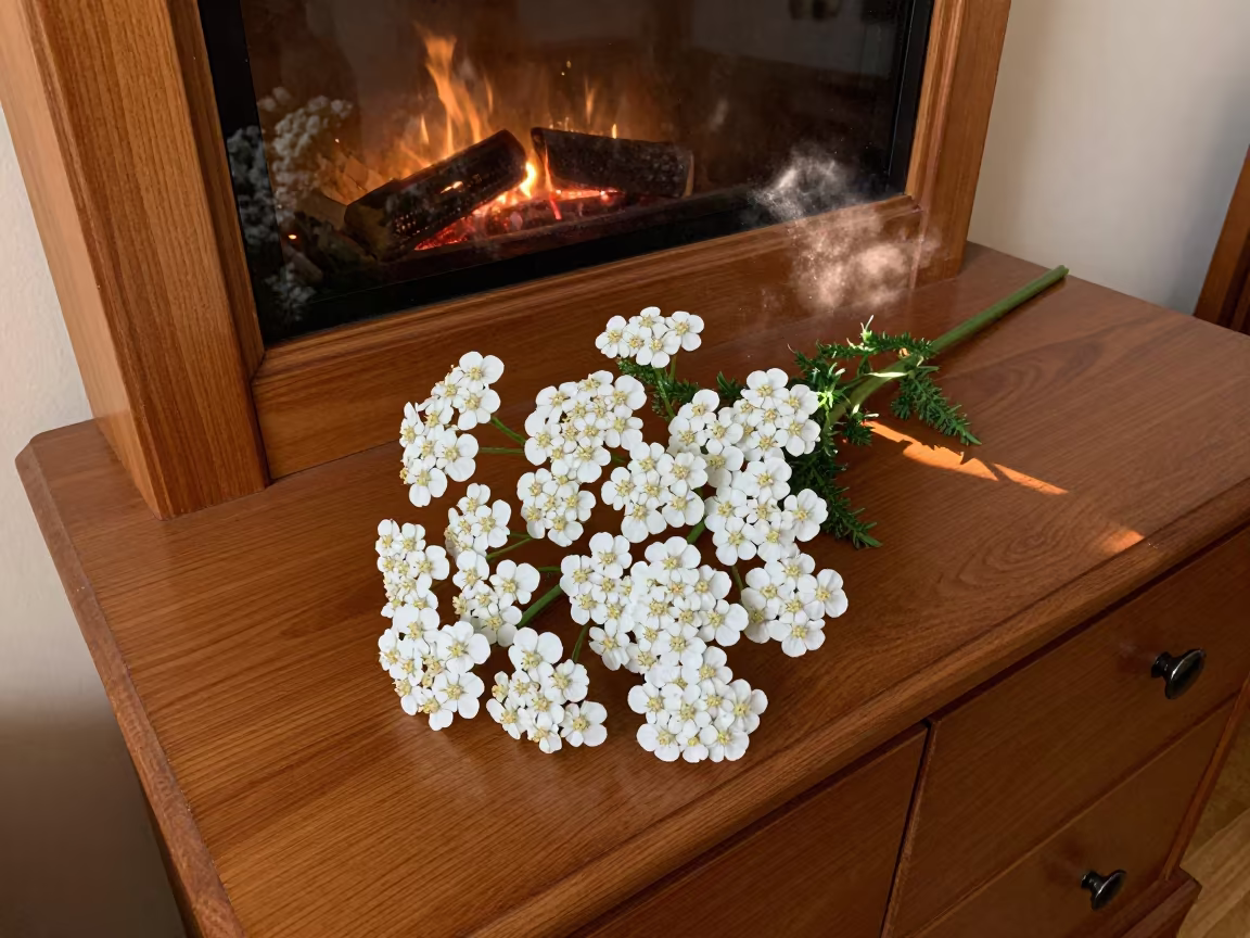 Yarrow Flowers on Hotel Dresser at Night in on a hotel dresser in Plovdiv
