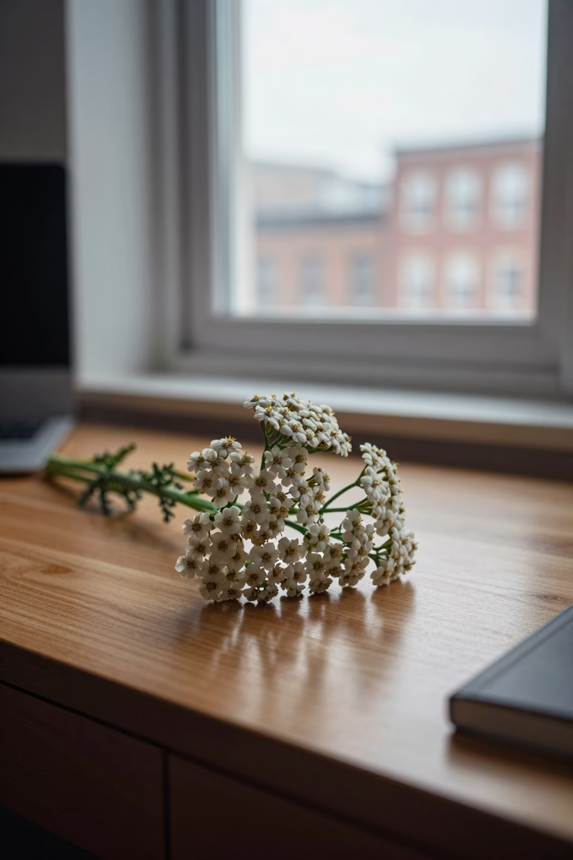 Yarrow Patch on Desk Before Sunrise in on a writing desk in Northern Liberties, Philadelphia