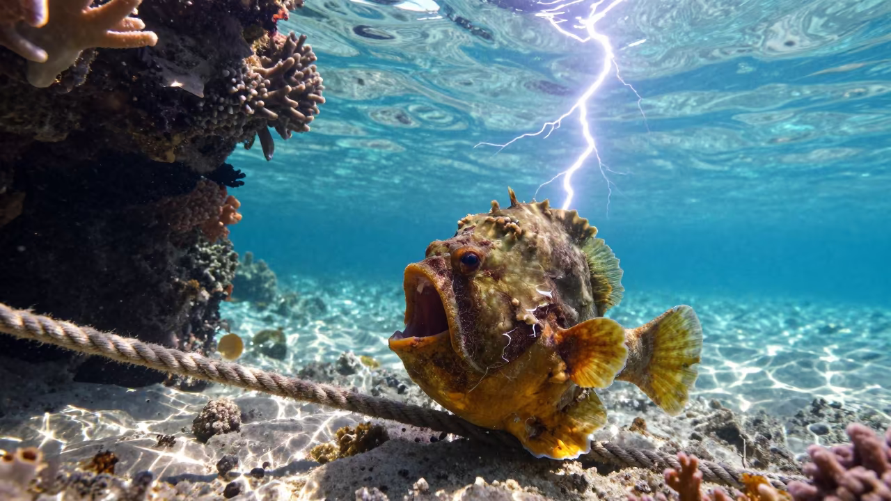 Yawning Frogfish Amidst Frozen Lightning Strike in beside a volcanic reef overhang near Stone Town
