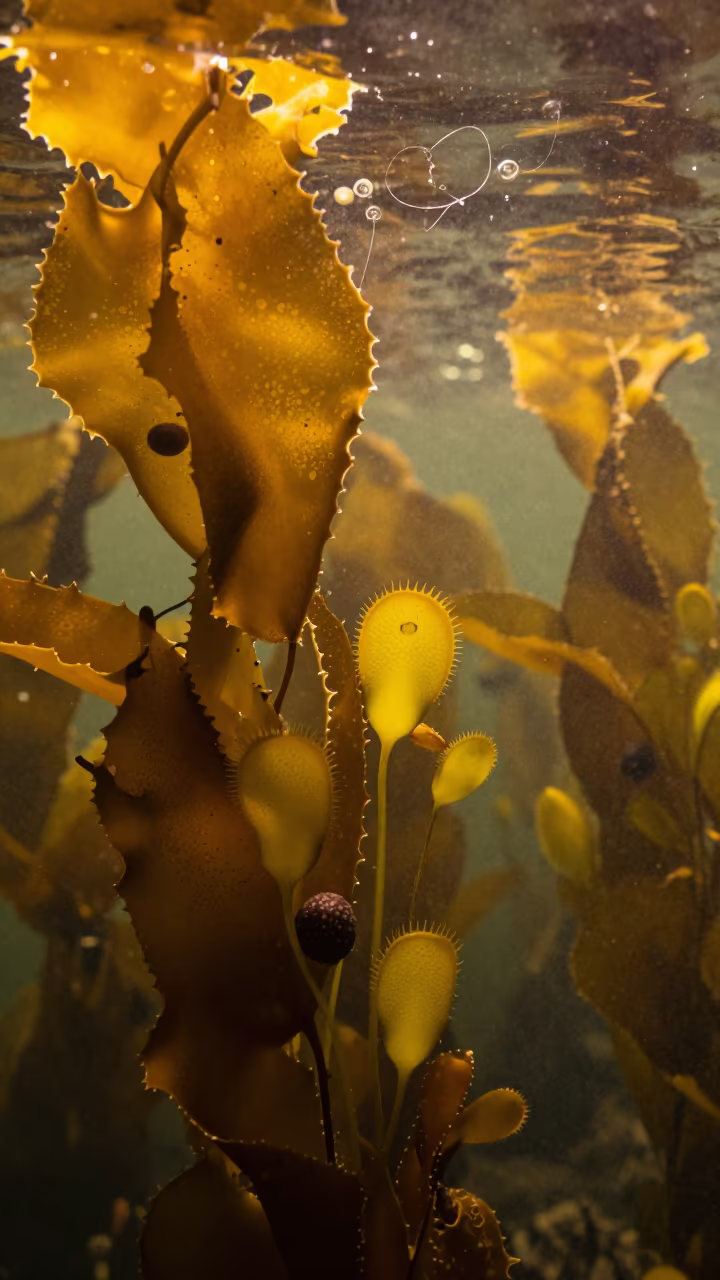 Yellow Bladderwort Traps Amidst Kelp Forest in through a forest of kelp fronds near Fukuoka