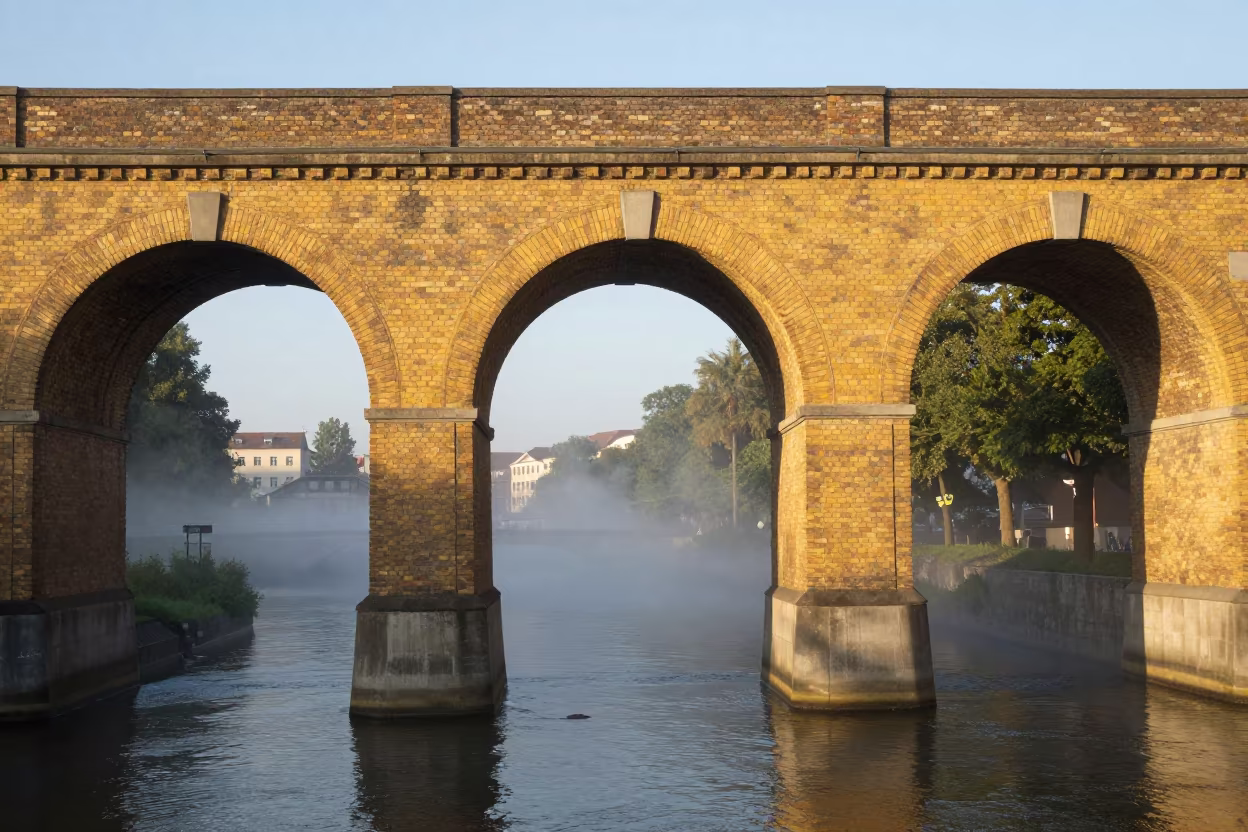 Yellow Brick Viaduct Arches Dawn Market Stuttgart in beside a bridge pier above moving water in Stuttgart
