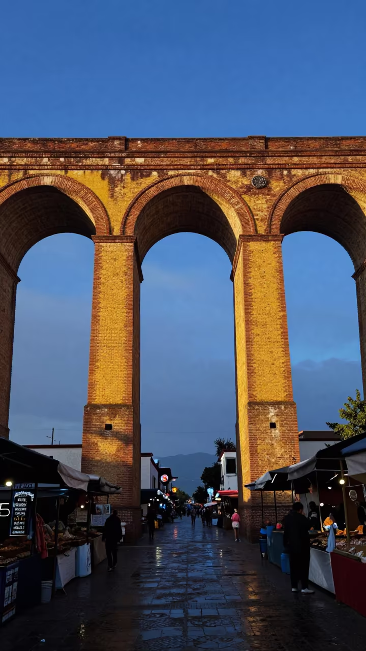 Yellow Brick Viaduct Arches Dawn Market Zacatecas in beneath a bridge span in Zacatecas