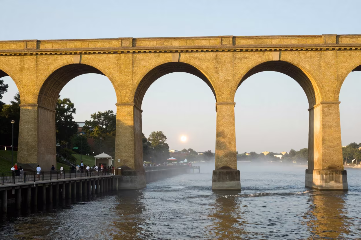 Yellow Brick Viaduct Arches Over Dawn Market in beside a bridge pier above moving water in Washington