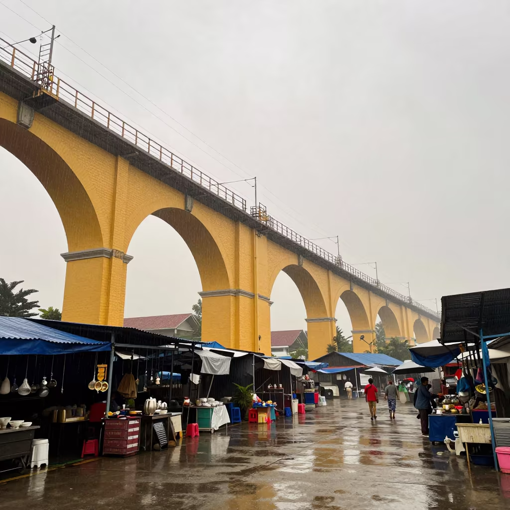 Yellow Brick Viaduct Dawn Market Brunei in along a bridge maintenance walkway in Brunei