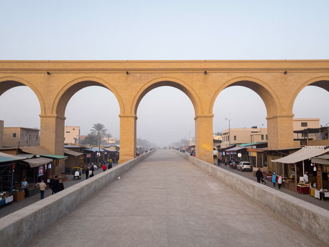 Yellow Brick Viaduct Over Dawn Market Fog in along a bridge maintenance walkway near Ismailia
