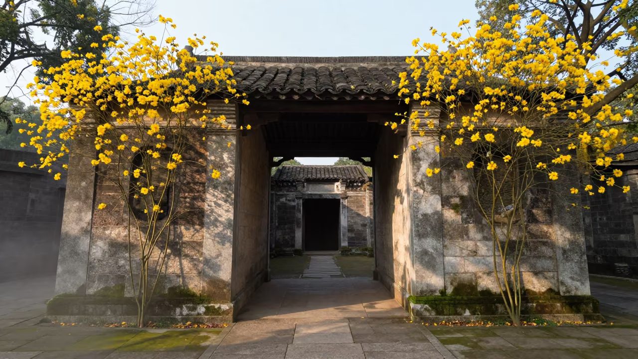 Yellow Broom Blooms in Roofless Changsha Fort Ruin in inside a roofless nave near Changsha