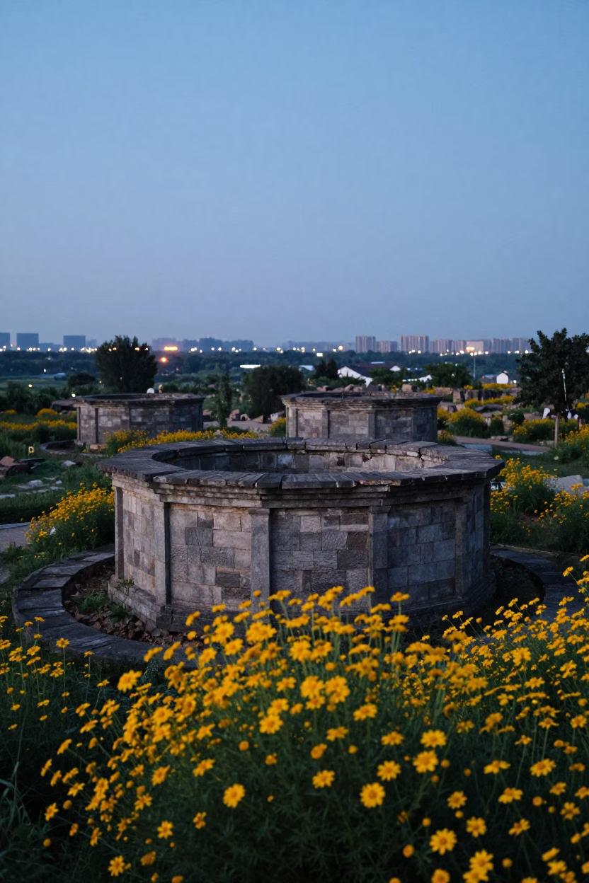 Yellow Broom Reclaiming Ancient Stone Ruins at Dusk in among roofless stone chambers near Nanchang