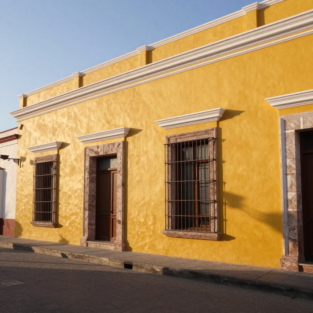 Yellow Colonial Building Facade in Merida Mexico Late Afternoon Street Scene in in Merida, Mexico