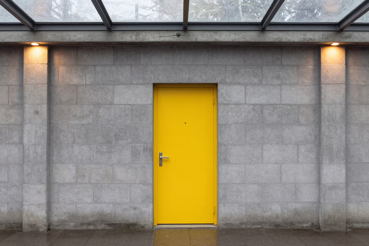 Yellow Door Grey Concrete Block in inside a glass-roofed arcade near Thane