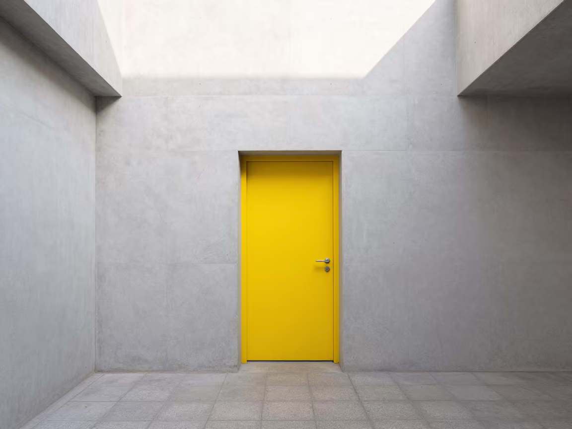 Yellow Door Grey Concrete Midday Light in inside a vaulted atrium near Tianjin