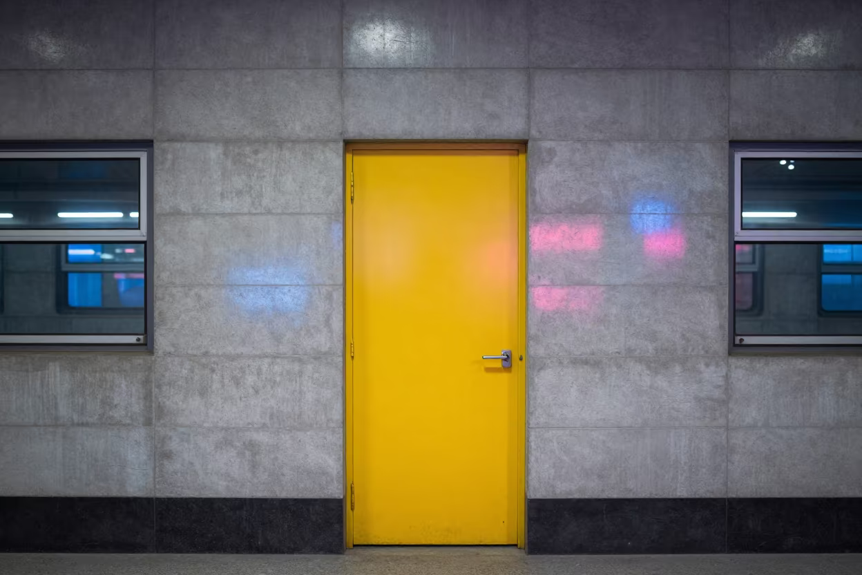 Yellow Door Neon Light Shanghai Train Terminal in inside a restored train terminal in Jing'an, Shanghai