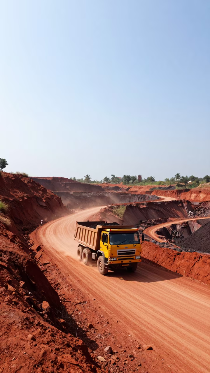 Yellow Dump Truck Climbs Spiraling Quarry Road in on a wind-open causeway near Chennai