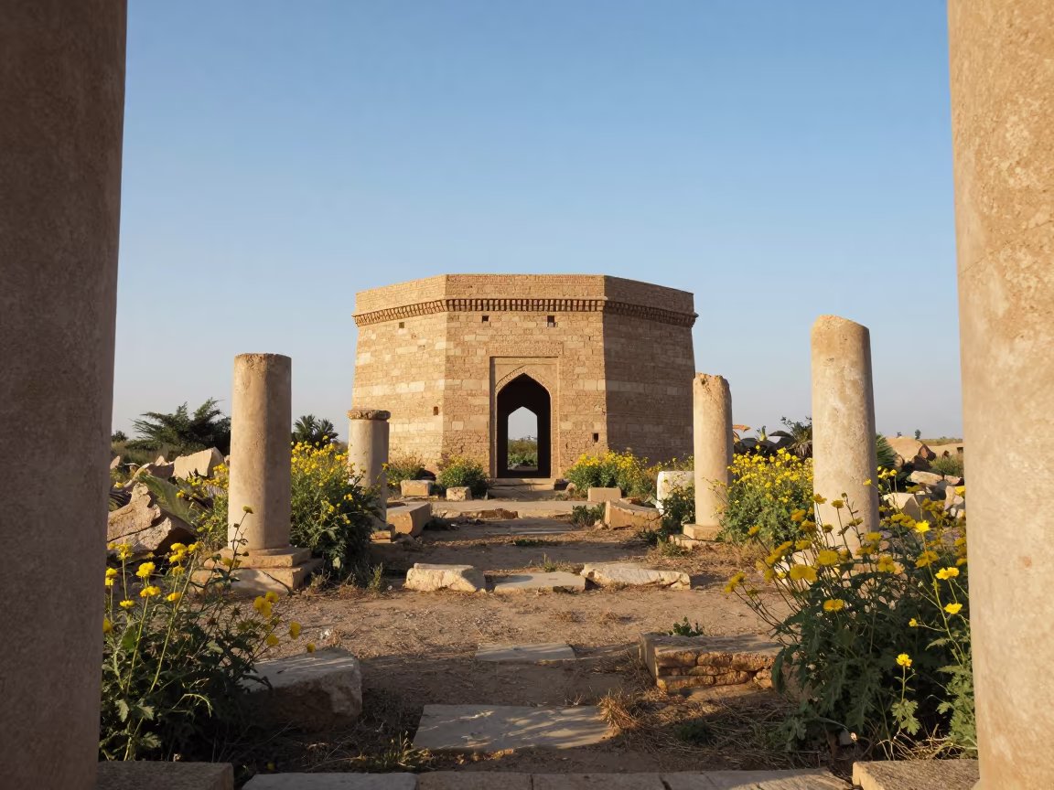 Yellow Evening Flowers in Turkmenistan Ruins in among toppled columns and nettles in Turkmenistan