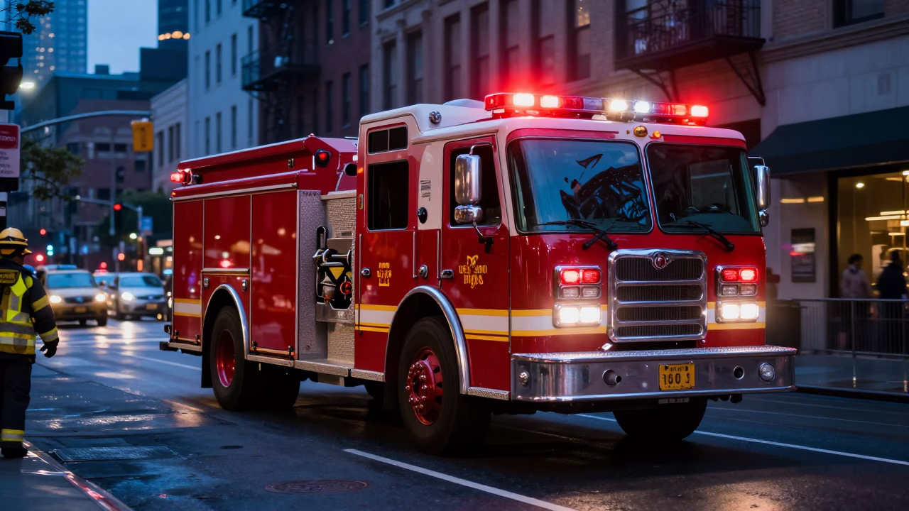 Yellow Fire Engine Racing Through New York City Streets During Indigo Twilight in in New York, New York, United States