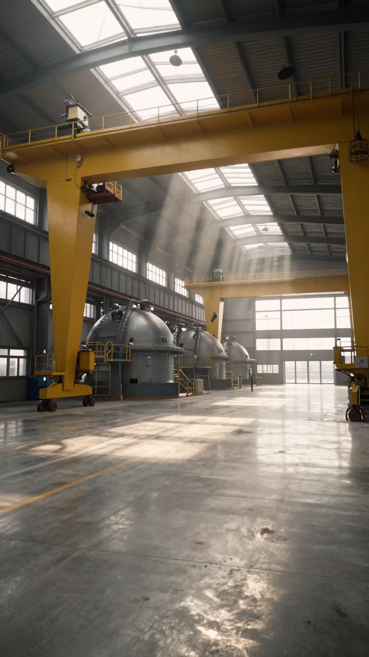Yellow Gantry Crane in Porto Industrial Hall in at a loading dock near Miragaia, Porto